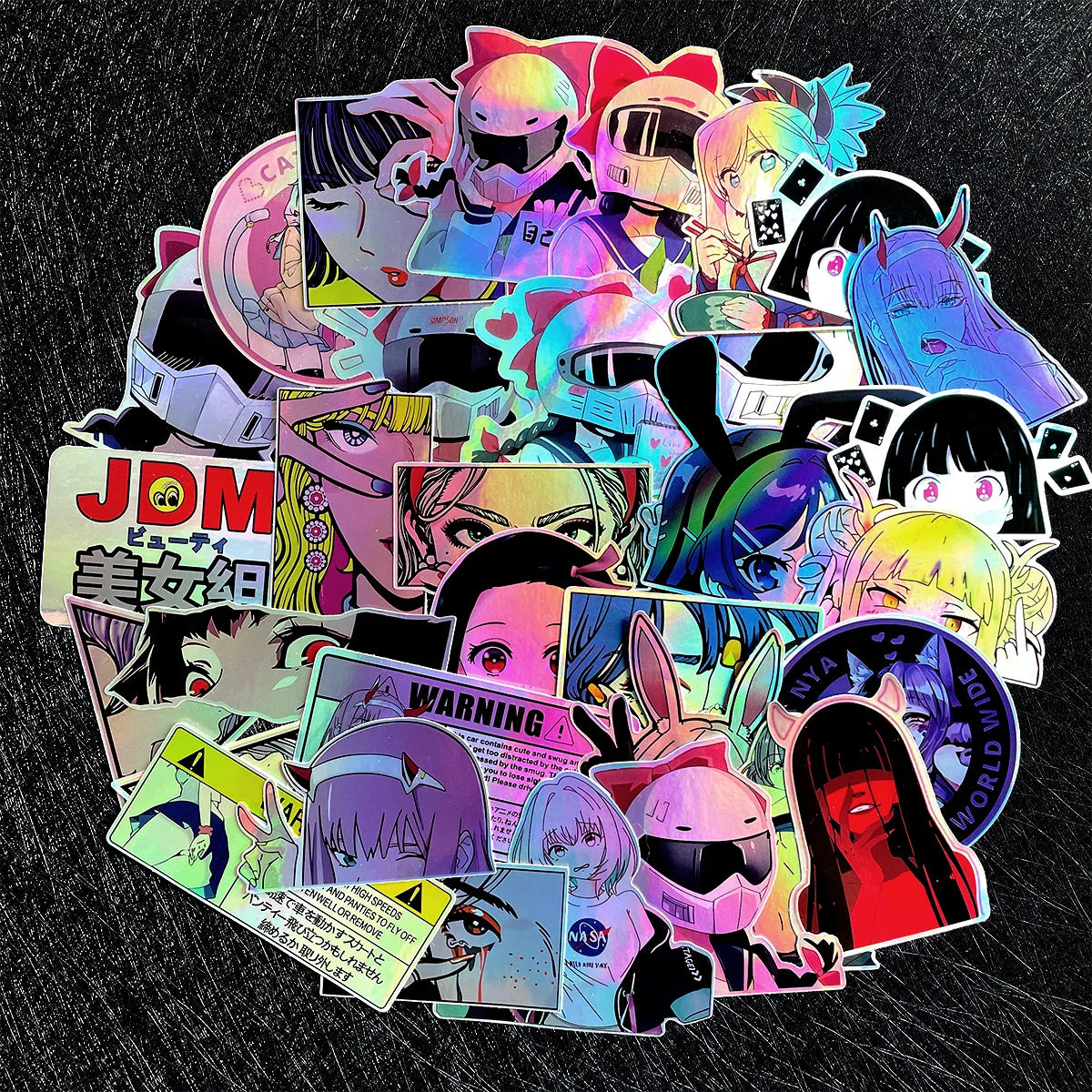 Assorted holographic anime decals with colorful character artwork