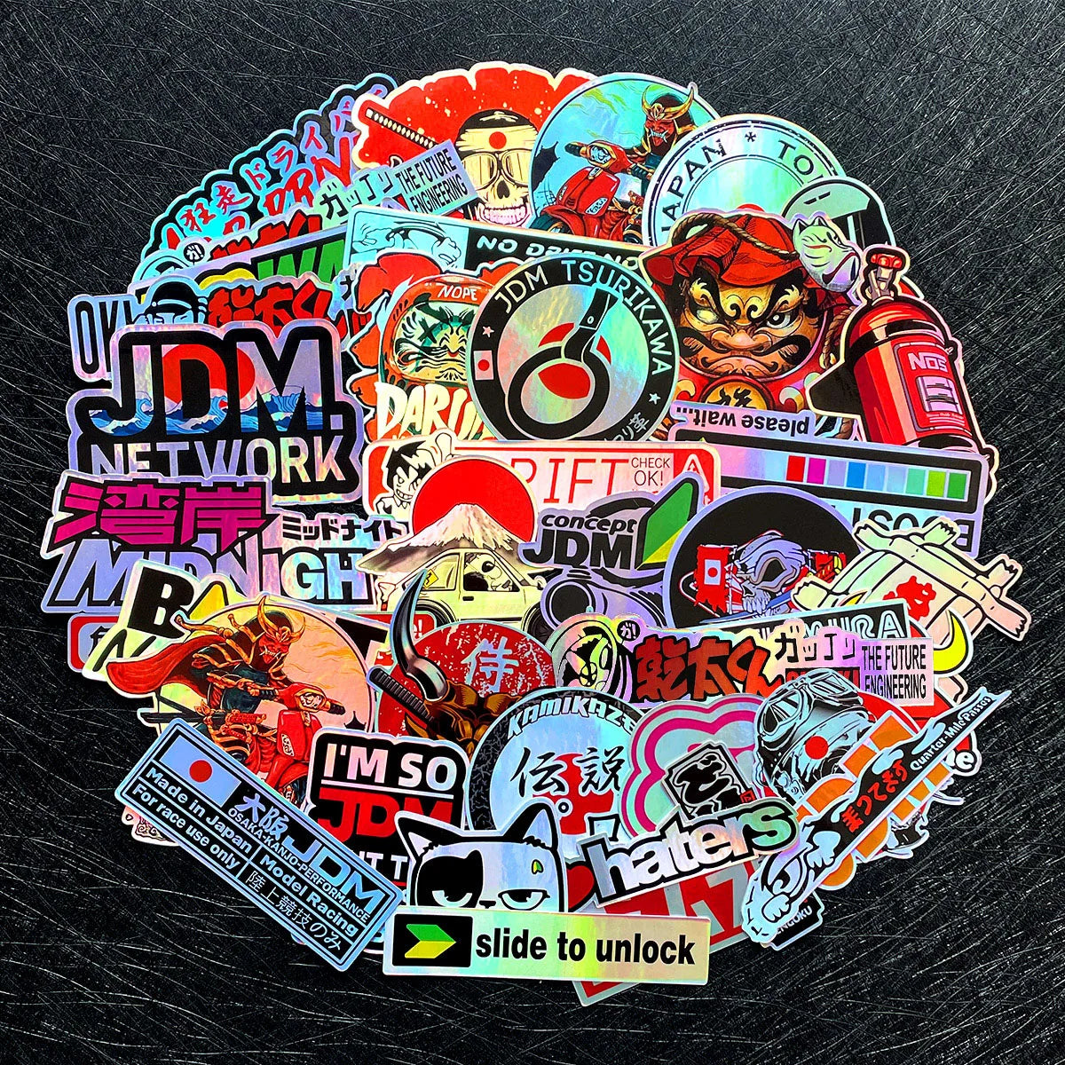 Holographic automotive sticker collection with JDM-themed decals