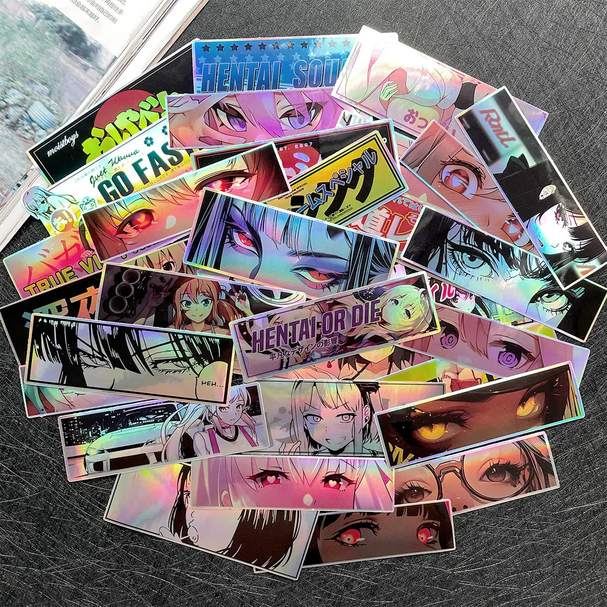 Premium holographic anime stickers inspired by Japanese pop culture