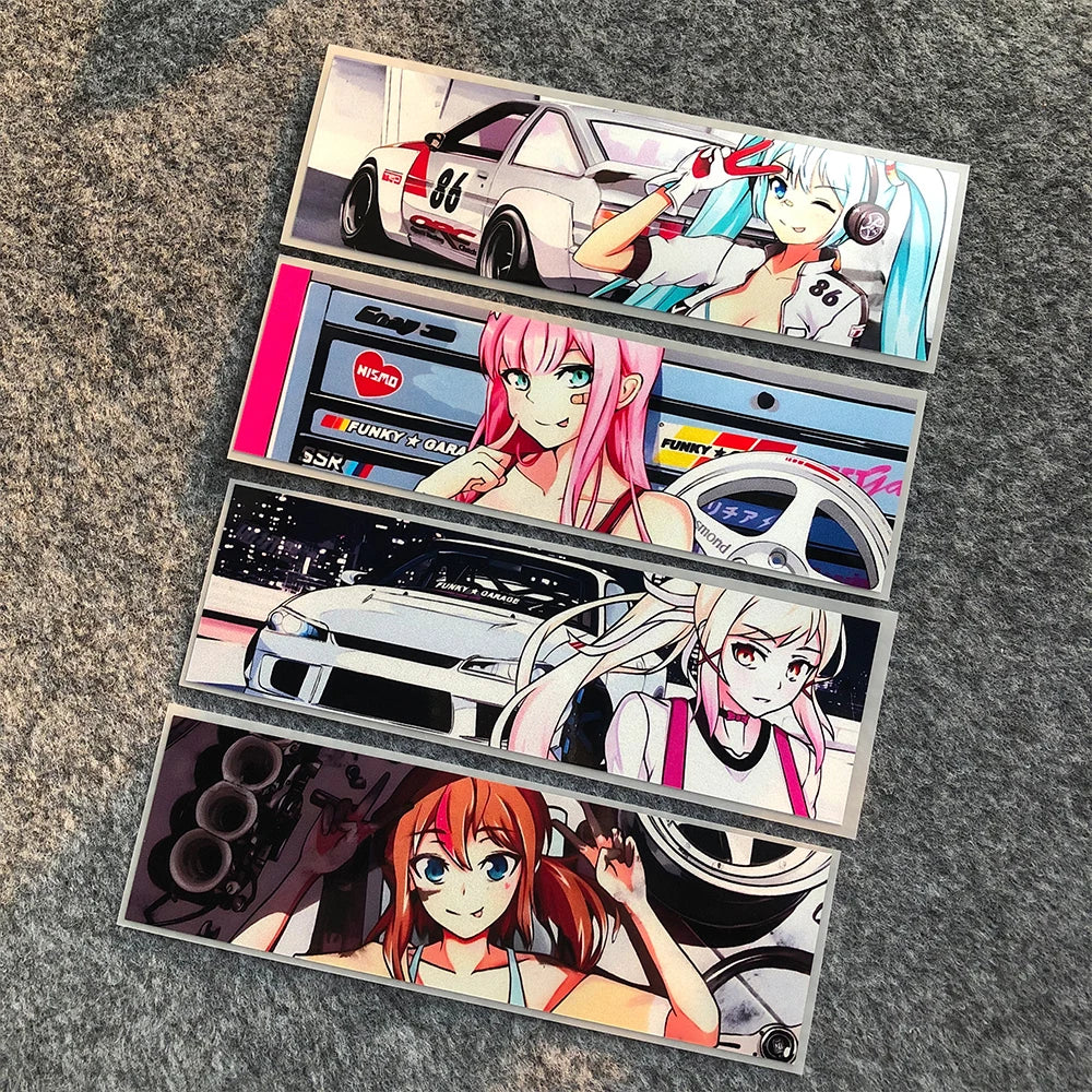 Premium anime stickers featuring waifu artwork and JDM-inspired graphics