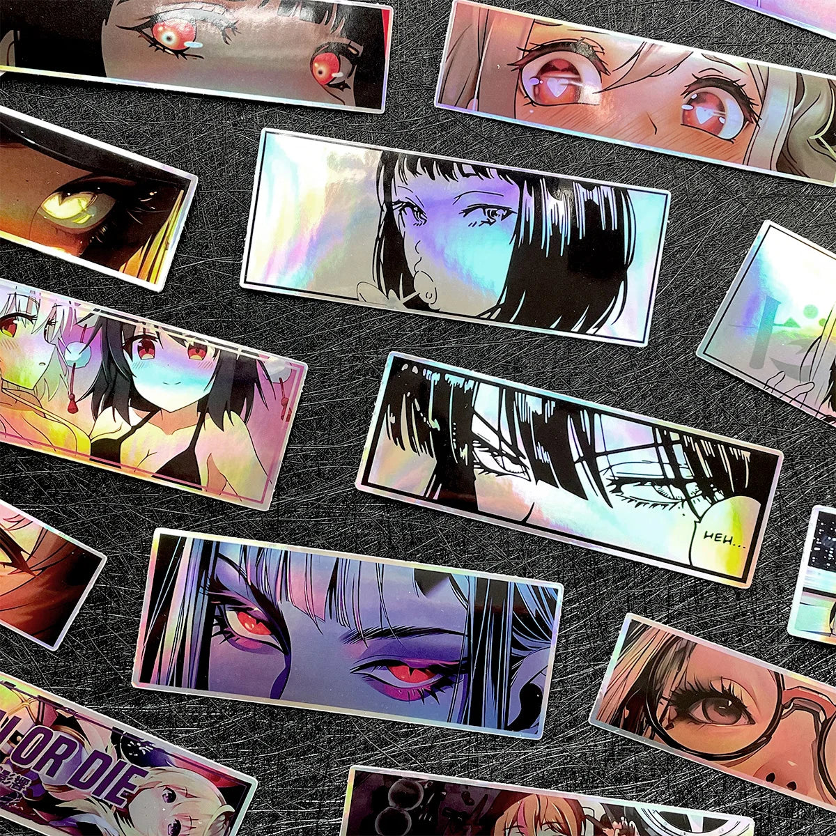 Premium anime eyes sticker pack with colorful holographic vinyl designs