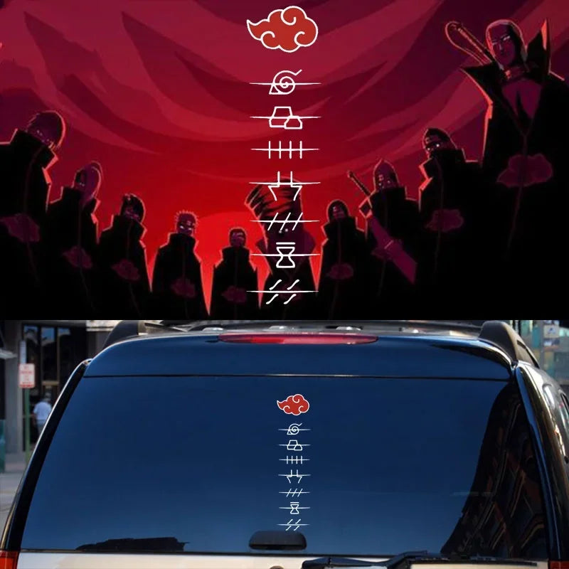 Akatsuki windshield banner featuring red cloud symbols and anime-inspired artwork