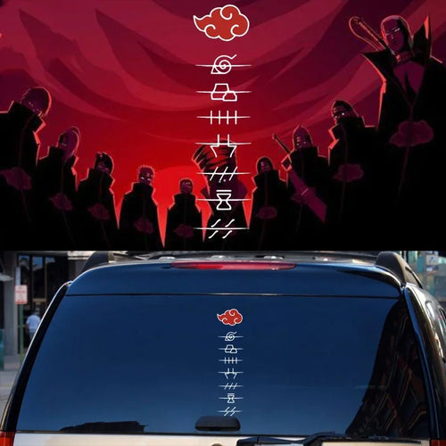 Akatsuki windshield banner featuring red cloud symbols and anime-inspired artwork