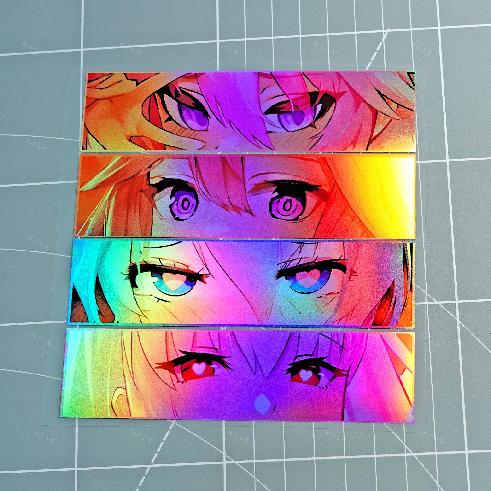 Holographic anime stickers featuring colorful character eye artwork
