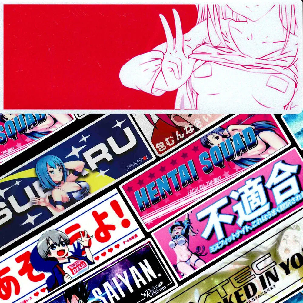 Waifu JDM banner stickers featuring anime artwork and Japanese car culture