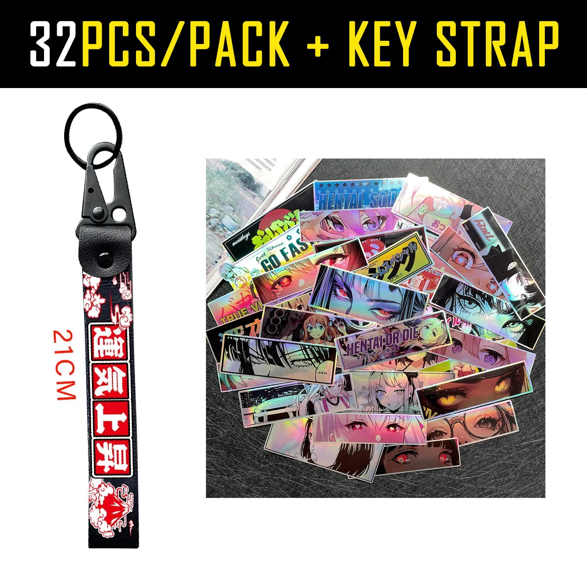 Anime eyes and waifu sticker pack with vibrant holographic finish
