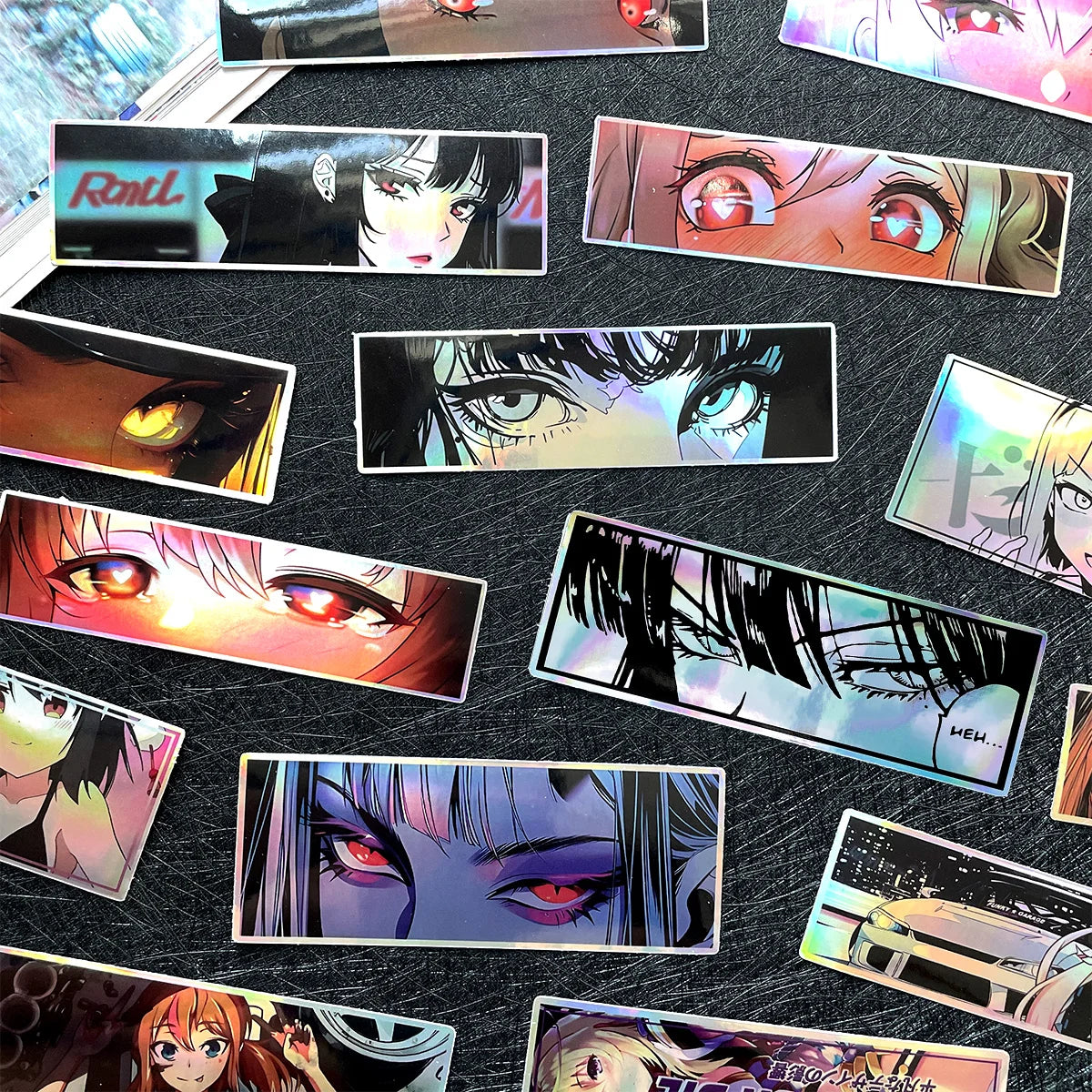 Holographic anime eye stickers featuring vibrant waifu-inspired artwork