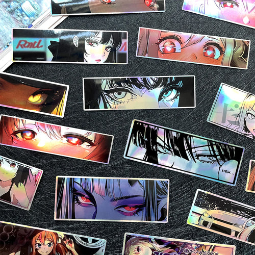 Holographic anime eye stickers featuring vibrant waifu-inspired artwork
