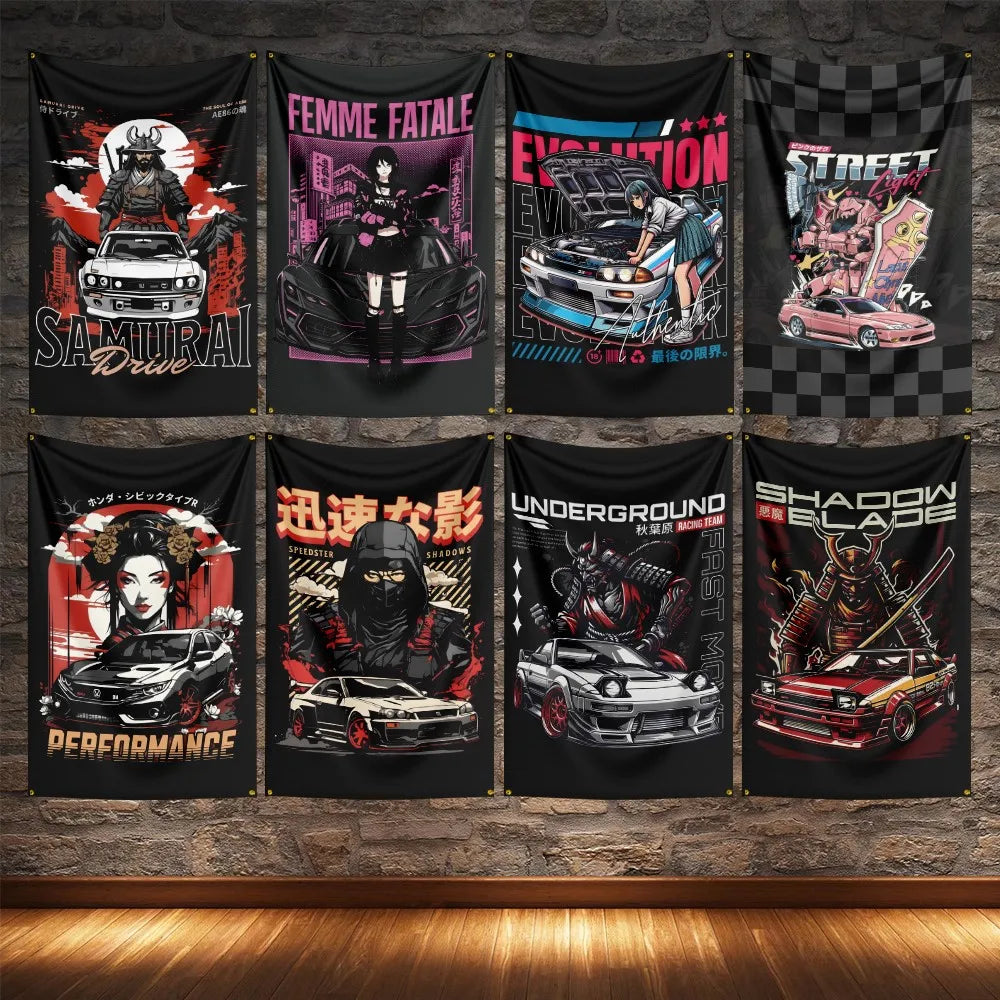 JDM Racing Modified Car Culture Flag Polyester Digital Printing Cars Banner For Decoration JDM garage flag banner image 1
