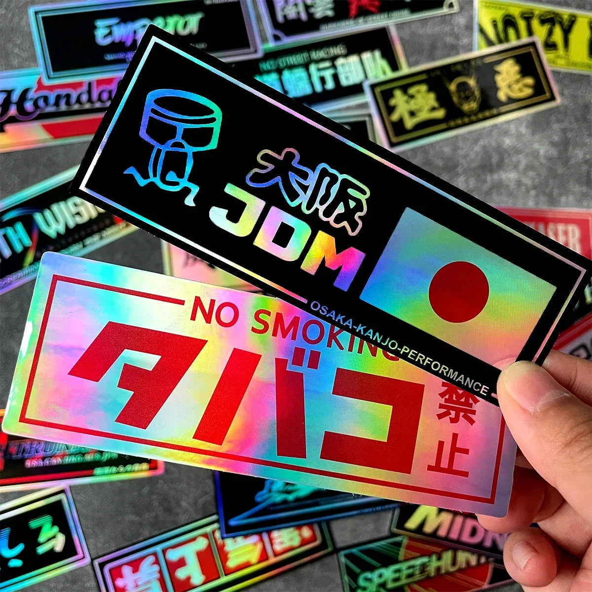 JDM vinyl sticker pack with colorful holographic drift decals