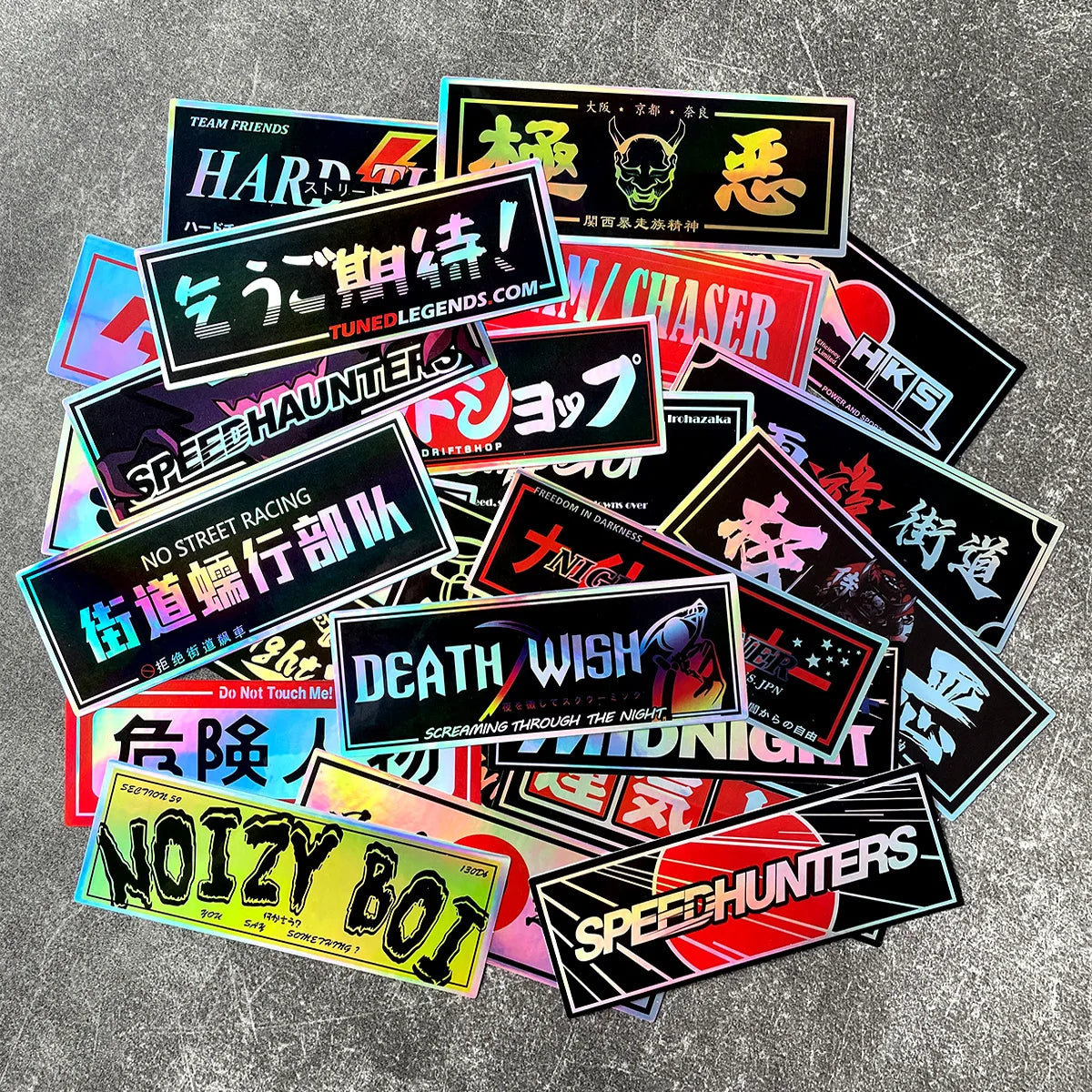 Japanese street racing stickers with holographic vinyl effects