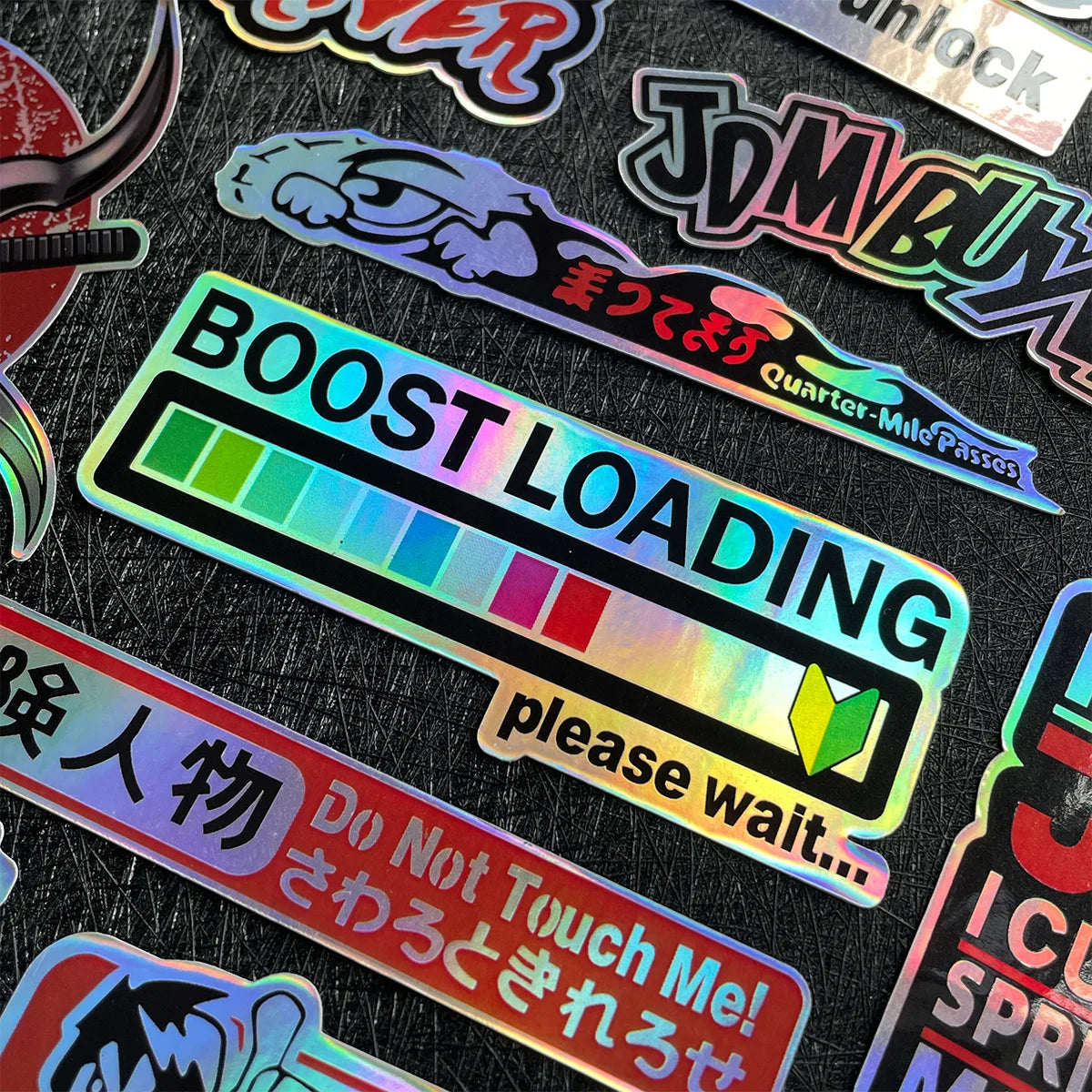 JDM rainbow holographic sticker pack for motorcycles helmets and cars - close up product image 2