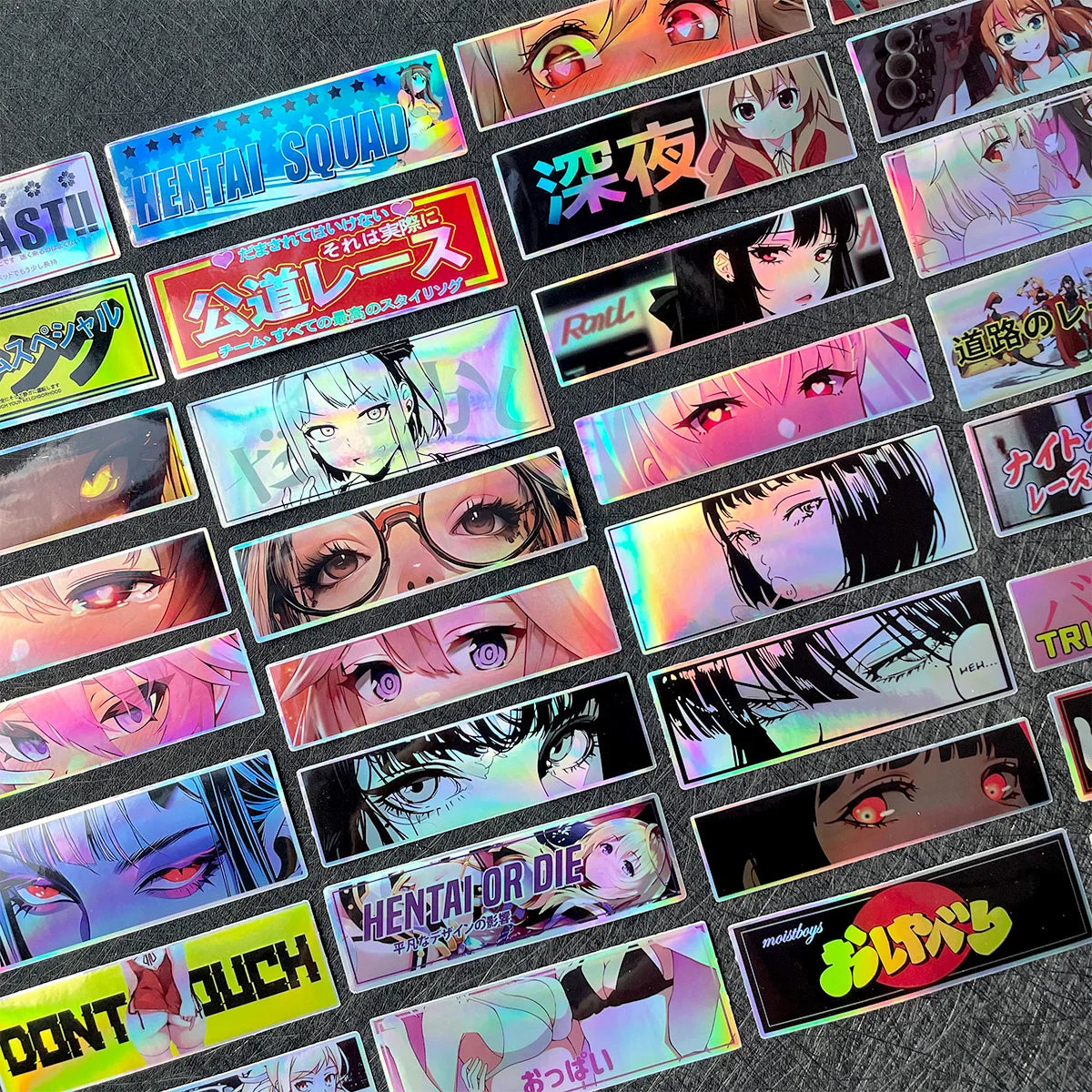 Itasha-inspired anime stickers featuring expressive eye artwork