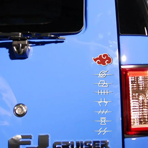 Anime windshield banner with Akatsuki cloud graphics and hidden village symbols