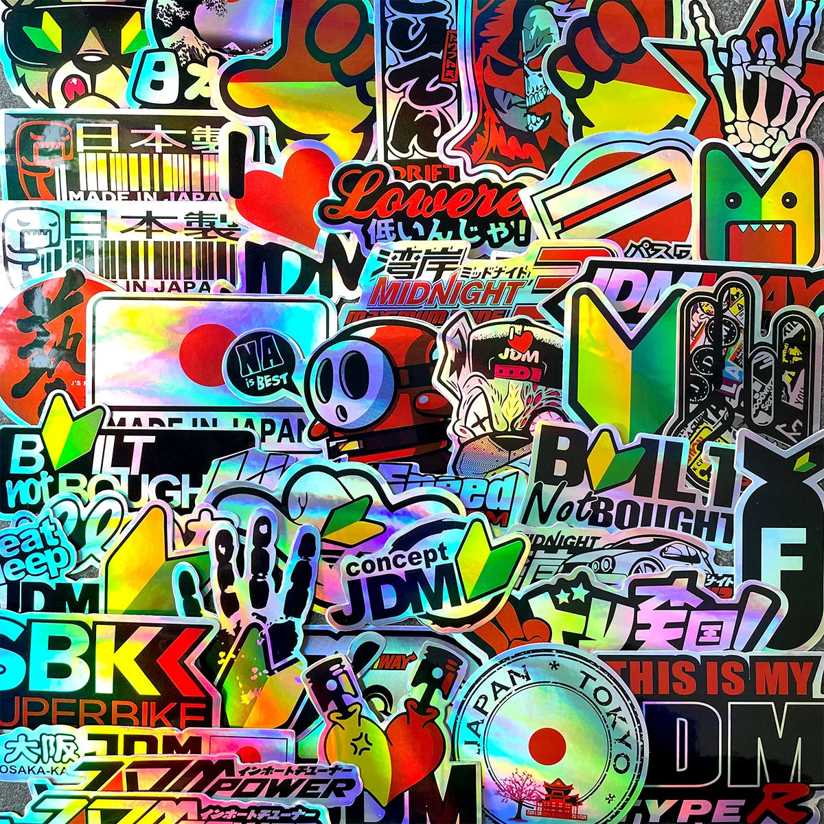 Premium JDM sticker pack with reflective holographic vinyl finish