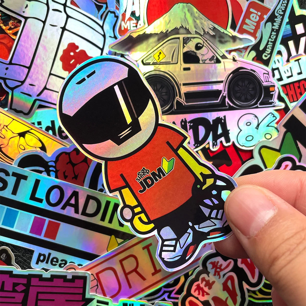 JDM rainbow holographic sticker pack for motorcycles helmets and cars - application image 3