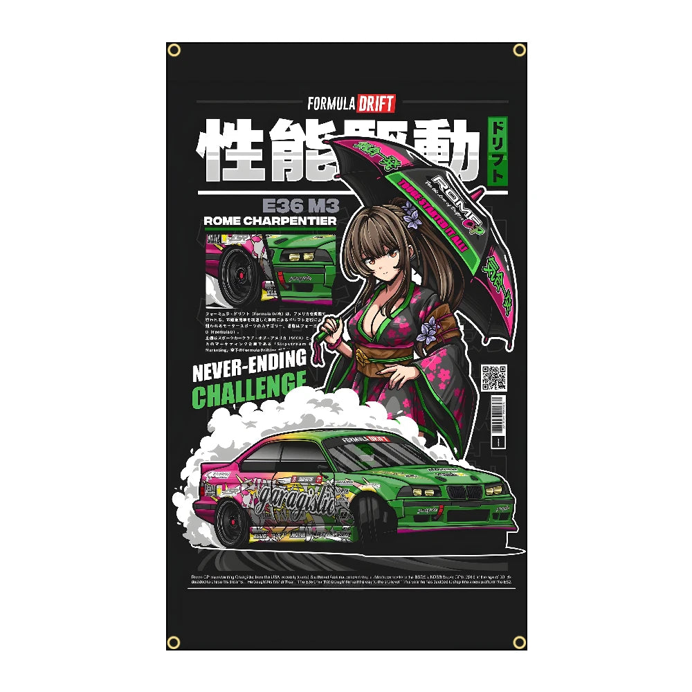 Racing JDM Car Flag Polyeste Printing Banner for Garage Wall Art Out Door Decoration With Grommet JDM garage flag banner image 7