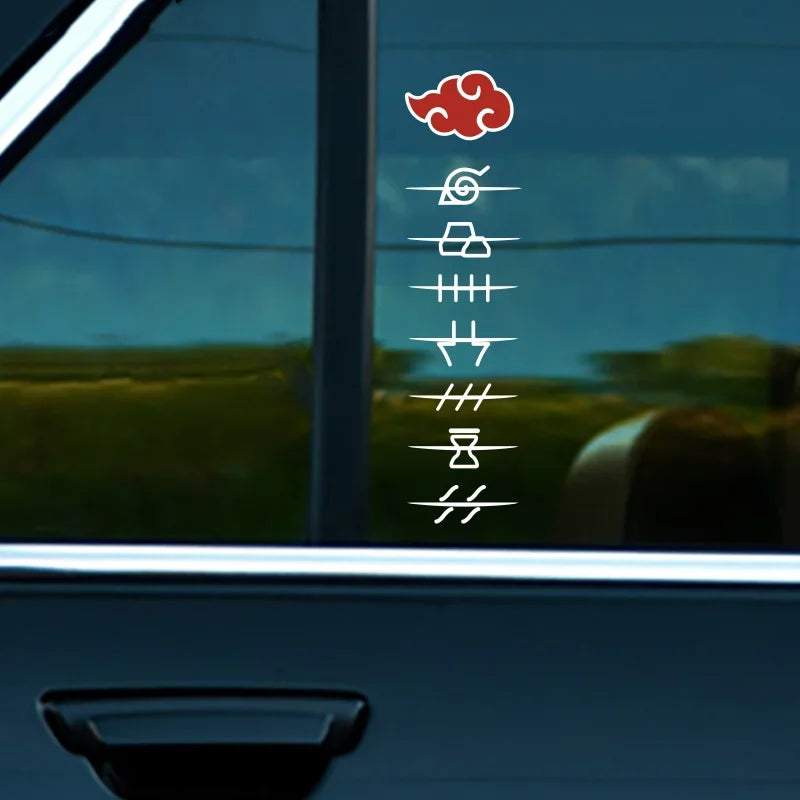 Anime car banner featuring Akatsuki clouds and village-inspired emblems