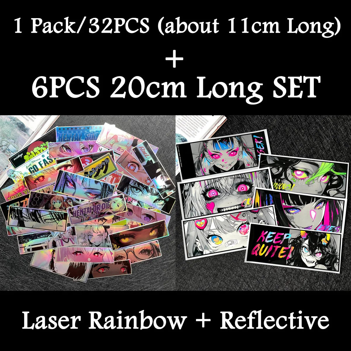 Anime eye banner stickers with colorful waifu-themed designs
