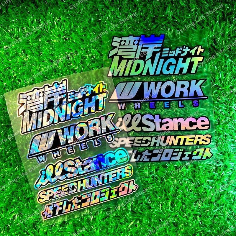 JDM holographic sticker pack with Speedhunters Work Wheels and drift decals - helmet sticker preview 11