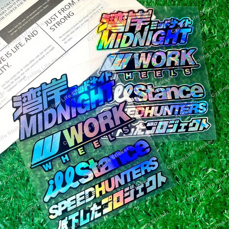 JDM holographic sticker pack with Speedhunters Work Wheels and drift decals - close up product image 2