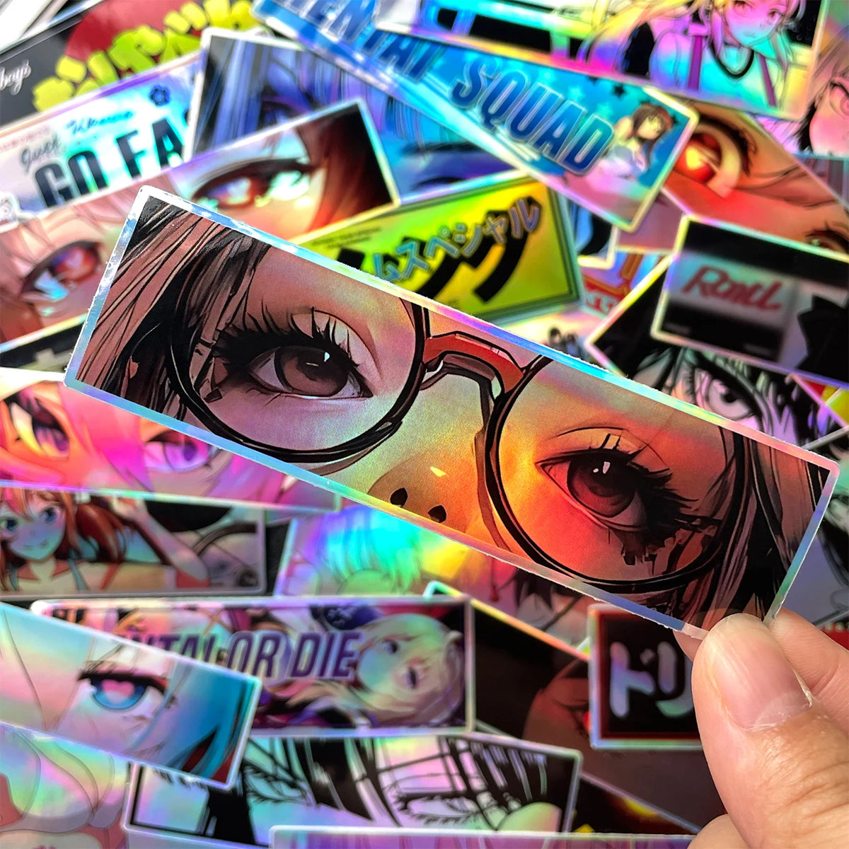 Holographic waifu stickers featuring detailed anime character eyes