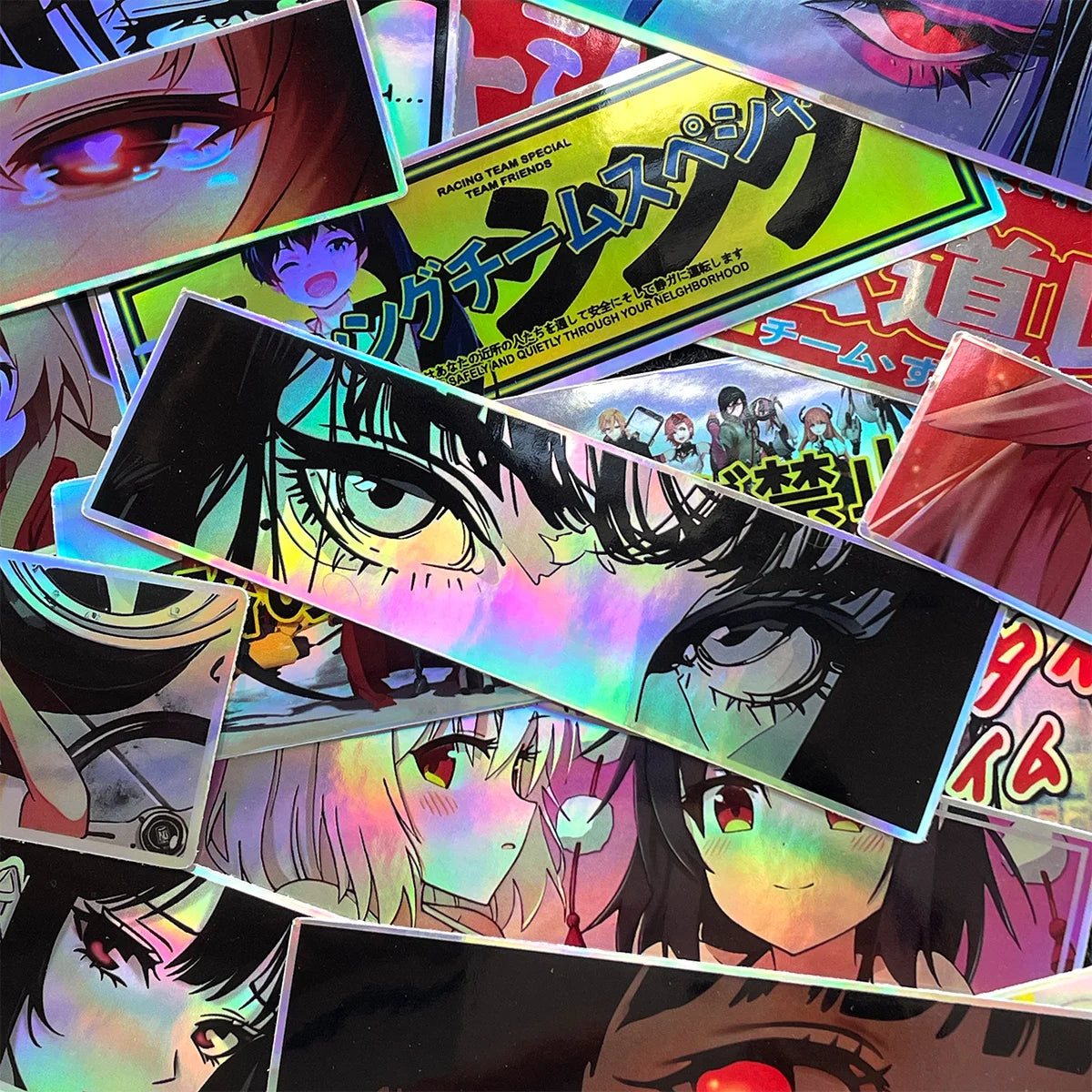 Anime eyes sticker collection with rainbow holographic effects