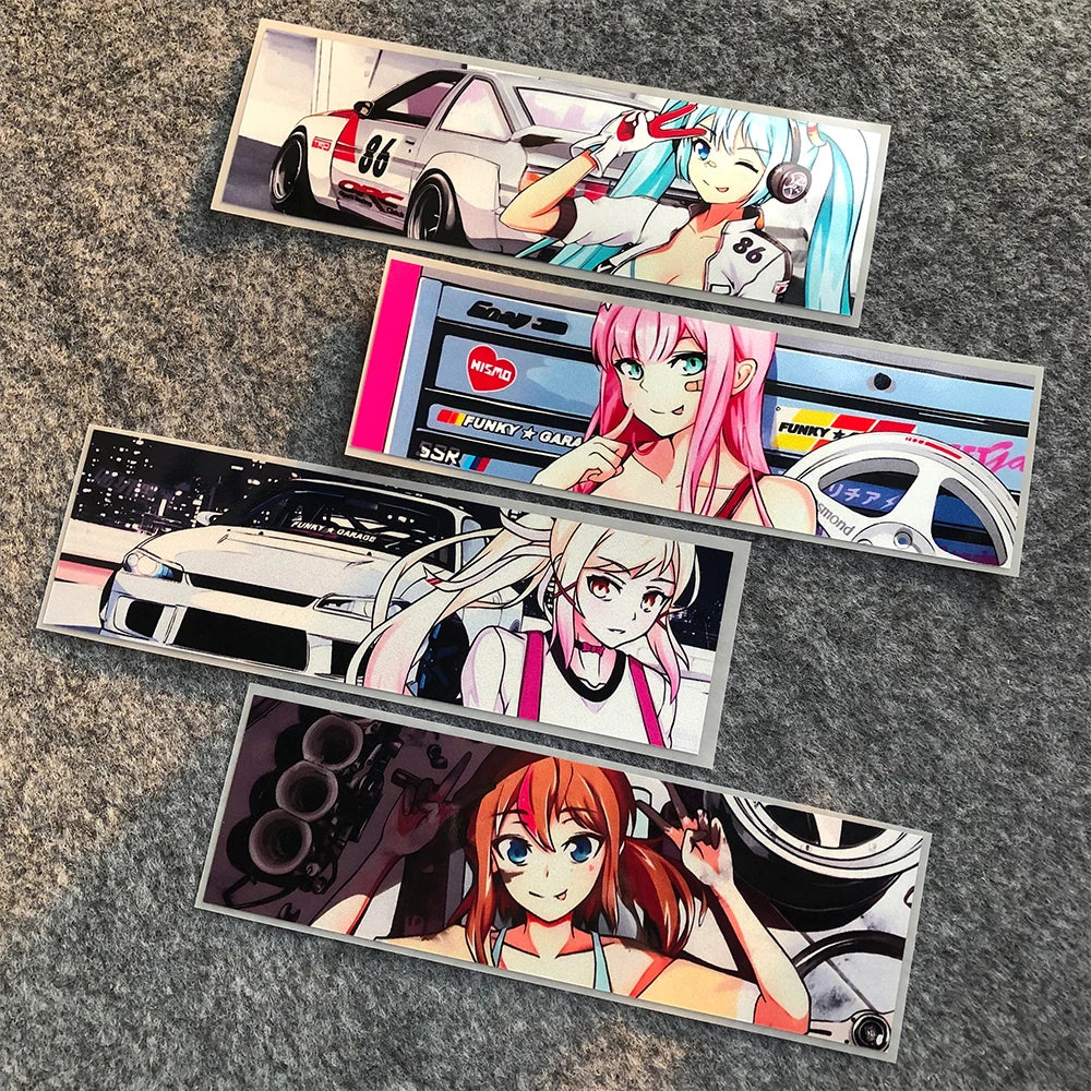 JDM and anime character stickers featuring itasha-style automotive artwork