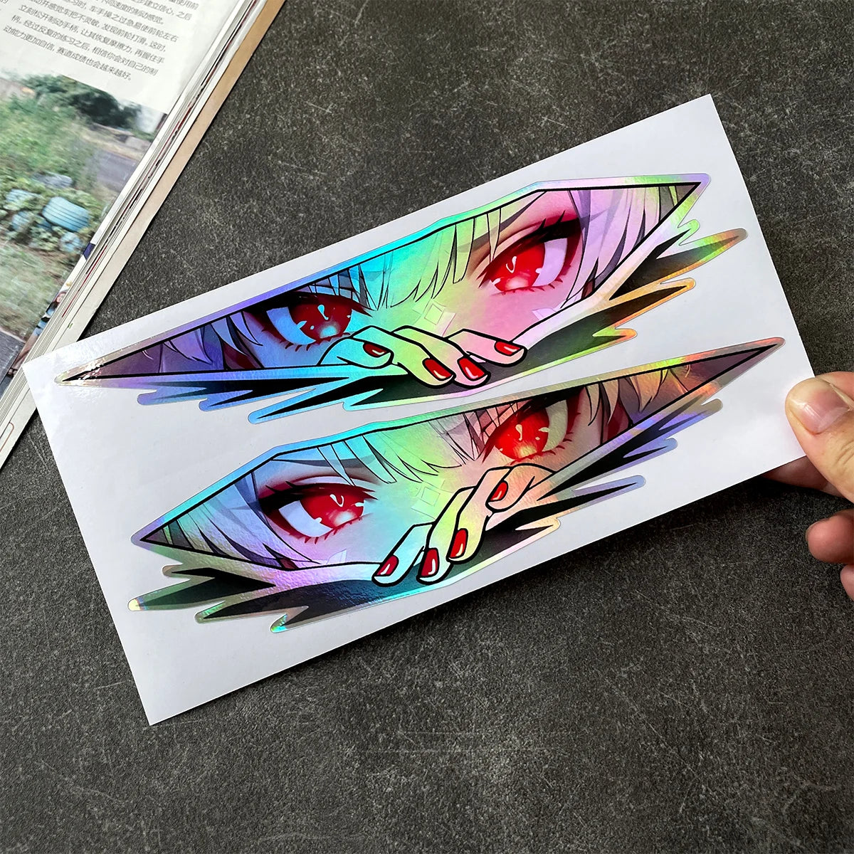 Holographic waifu stickers and anime decals with premium vinyl construction