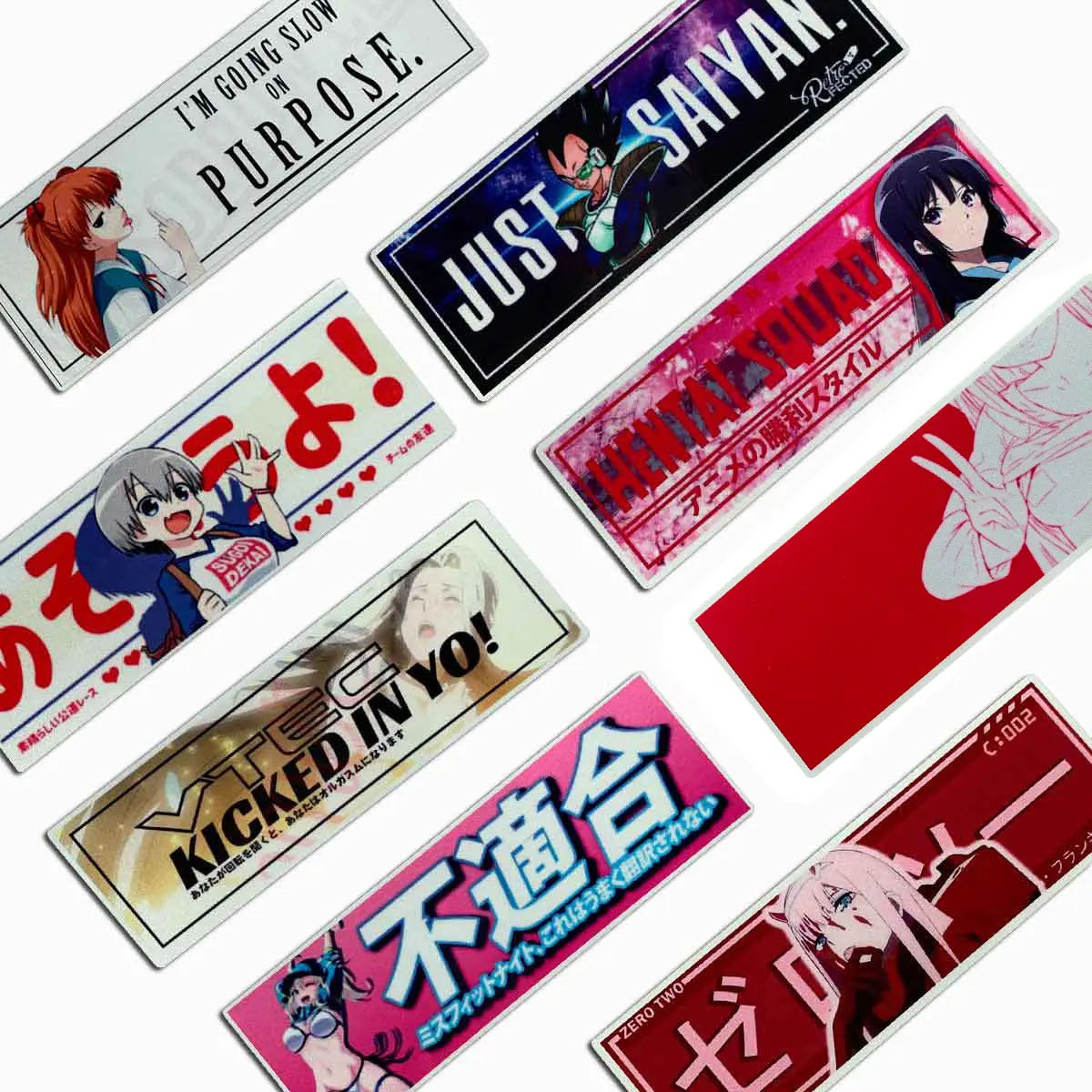 Anime and JDM sticker pack with waifu-inspired banner designs