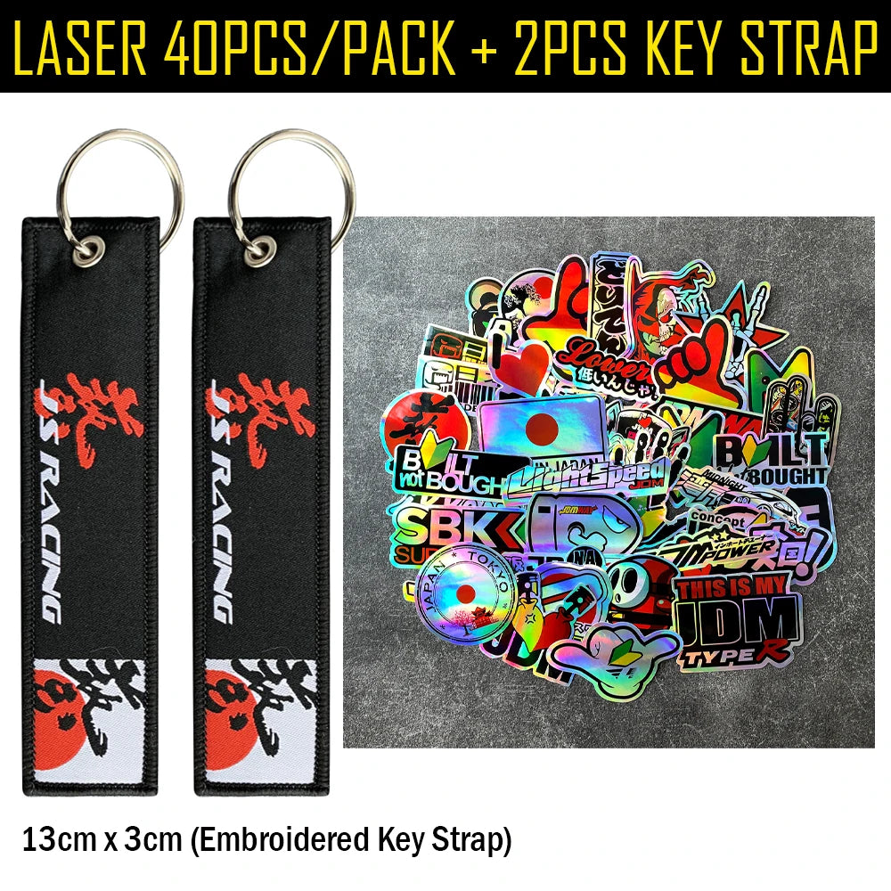 Holographic JDM sticker pack featuring drift, tuner, and racing decals