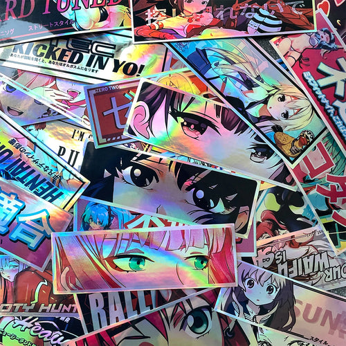 Holographic anime sticker pack featuring colorful anime character vinyl decals