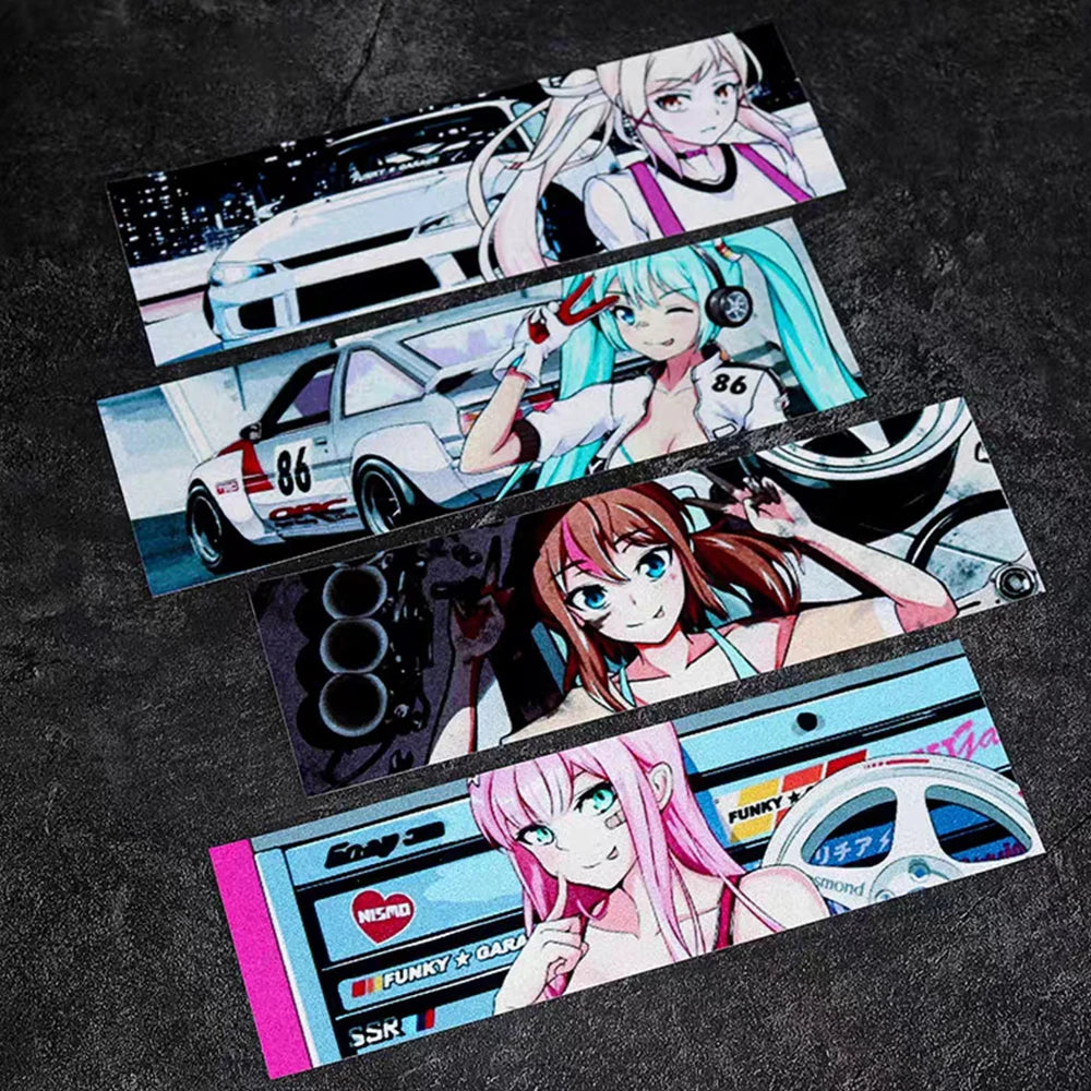 JDM and anime banner stickers featuring itasha-inspired character artwork