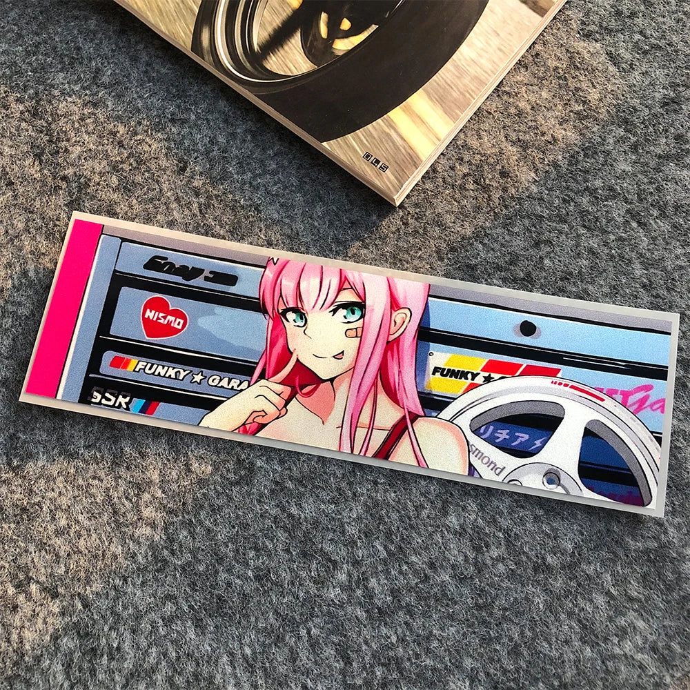 Itasha-inspired anime stickers featuring vibrant automotive-themed artwork