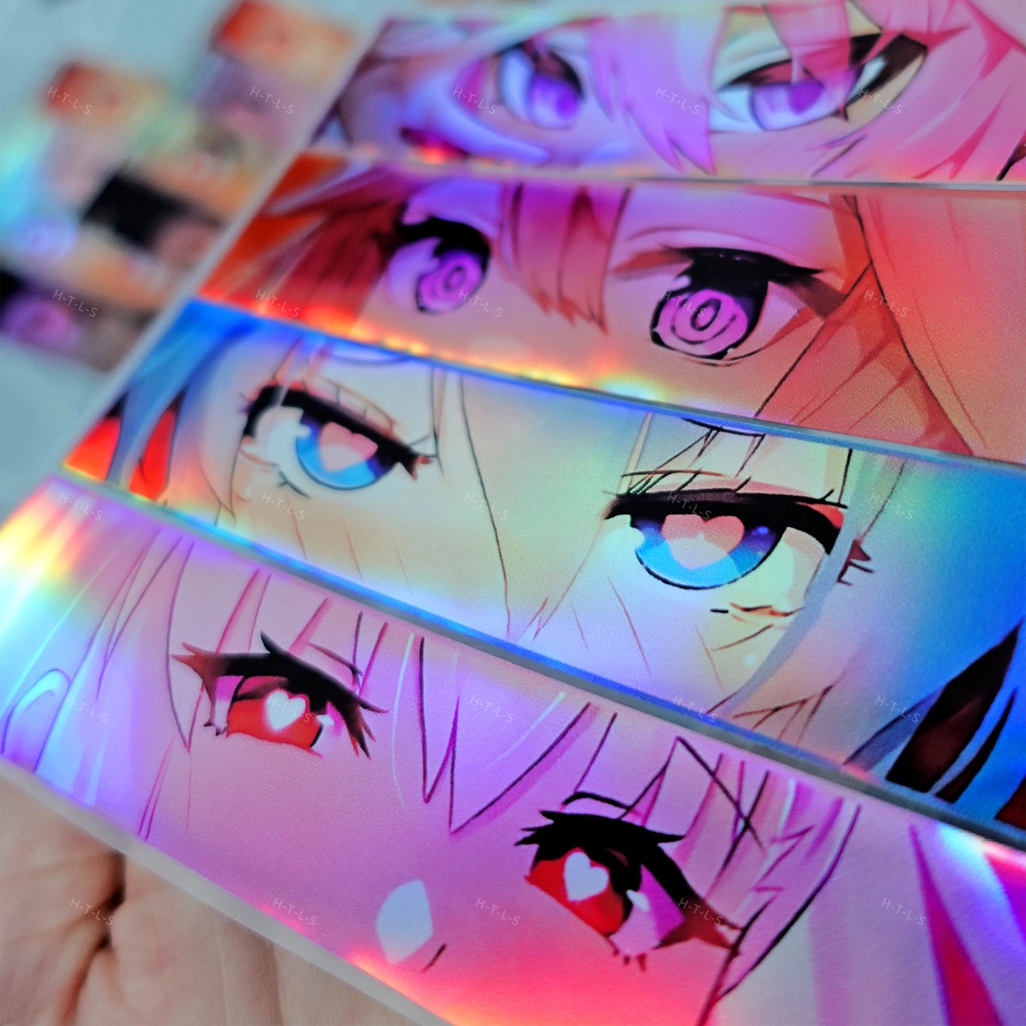 Holographic anime eyes featuring detailed Japanese anime artwork