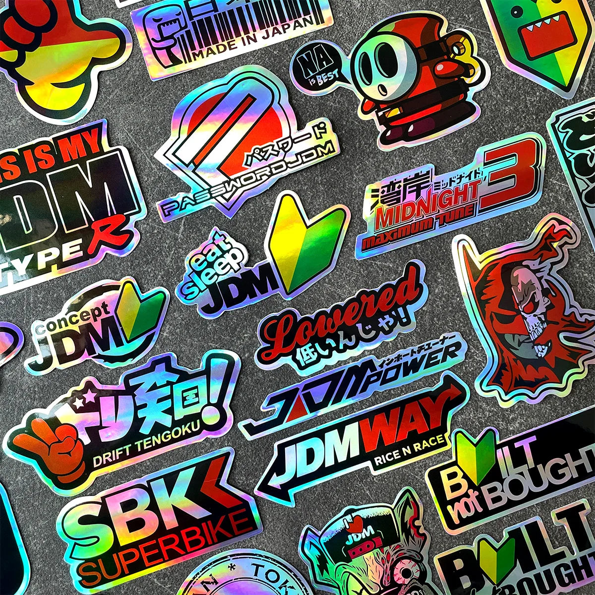 Holographic JDM sticker pack featuring drift, tuner, and racing decals