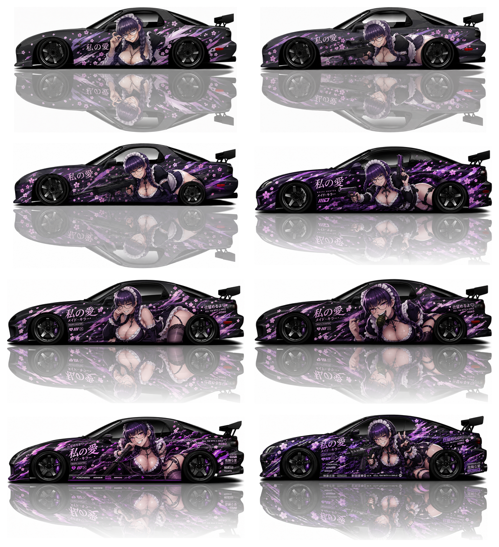 Roberta inspired Itasha livery on Nissan Skyline R34 drift car with anime wrap graphics and JDM racing decals