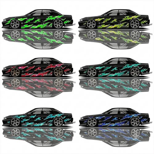 Universal Drift Car Livery Flames featuring aggressive flame graphics, racing decals, and custom drift car wrap design