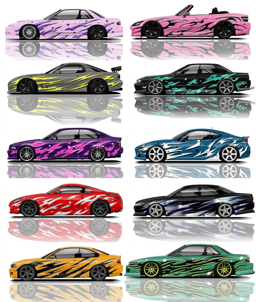 Universal Drift Car Liveries Flame Streaks featuring aggressive flame streak graphics, racing decals, and custom drift car wrap artwork